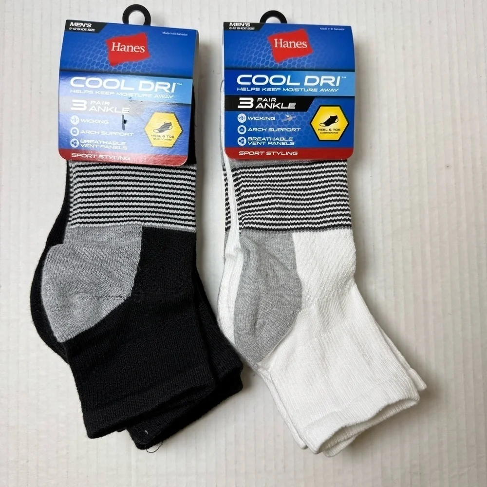 2 Hanes Cool DRI Men's Ankle Socks with Ventilation, 3-Pairs each Black & White